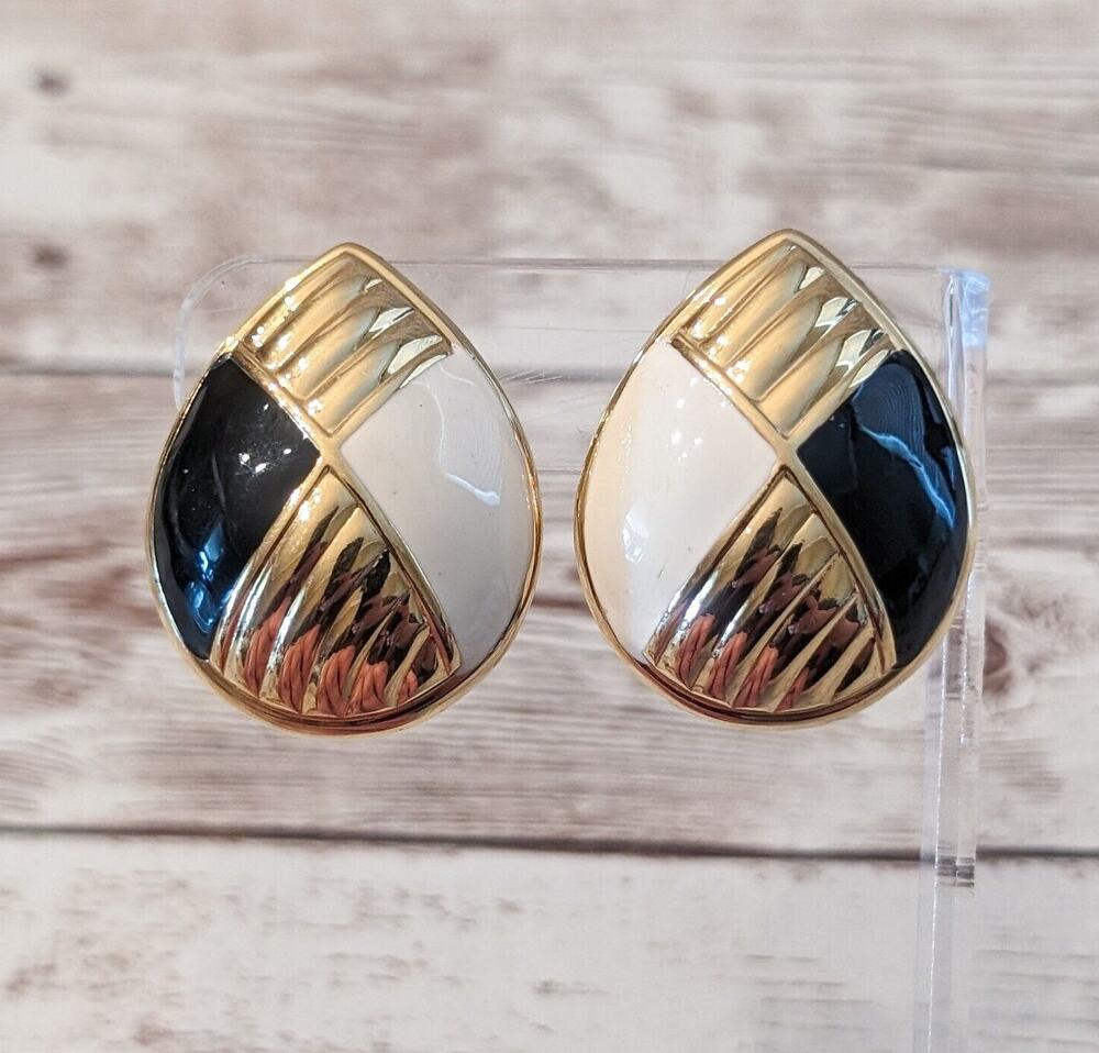 Vintage Clip On Earrings - Statement Gold Tone, Black, White Large Earrings